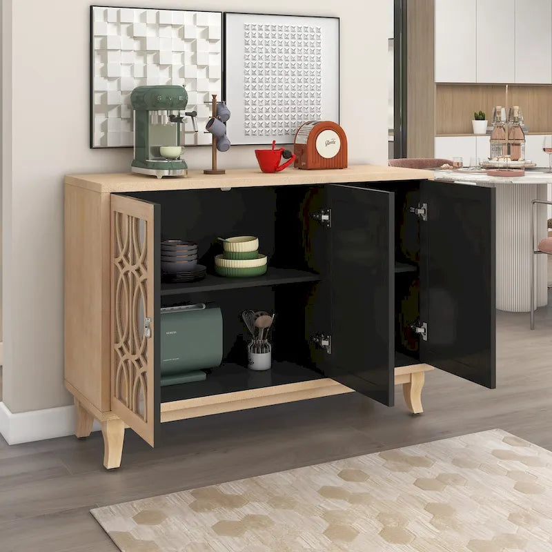Mirrored Buffet Cabinet with Glass Doors and Silver Handles - 3-Door Sideboard for Living Room, Hallway, and Dining Room 13