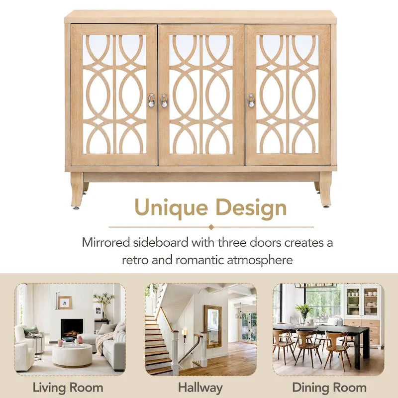 Mirrored Buffet Cabinet with Glass Doors and Silver Handles - 3-Door Sideboard for Living Room, Hallway, and Dining Room 14
