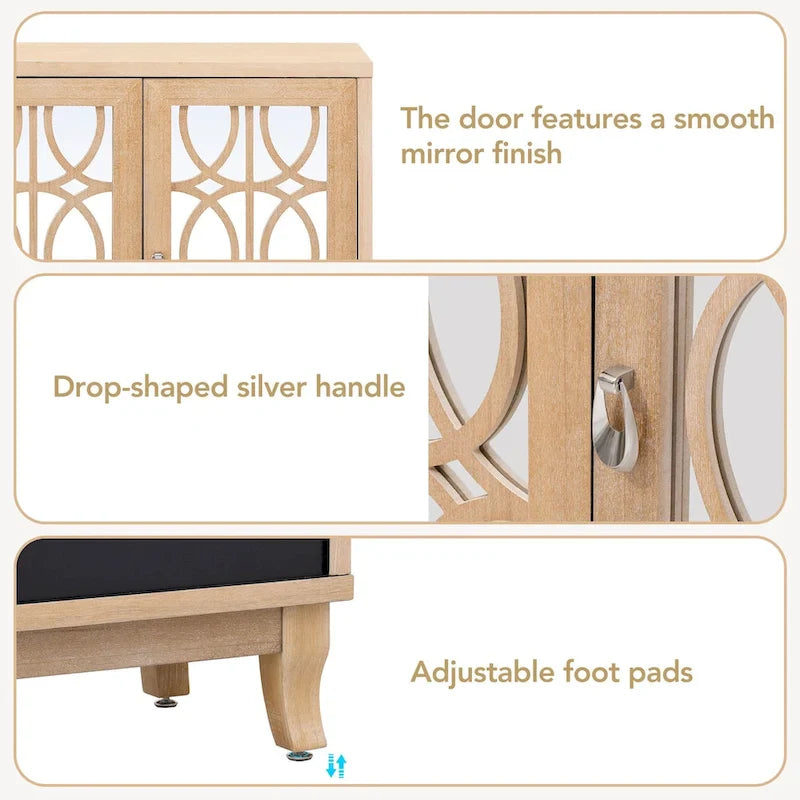 Mirrored Buffet Cabinet with Glass Doors and Silver Handles - 3-Door Sideboard for Living Room, Hallway, and Dining Room 15
