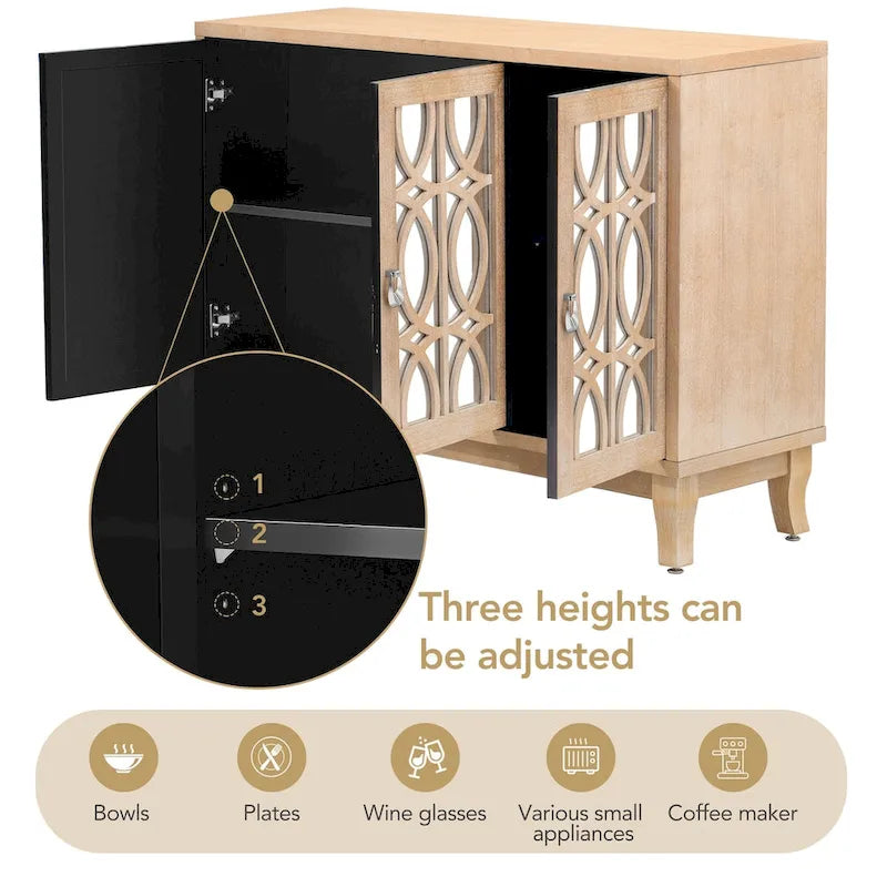 Mirrored Buffet Cabinet with Glass Doors and Silver Handles - 3-Door Sideboard for Living Room, Hallway, and Dining Room 17