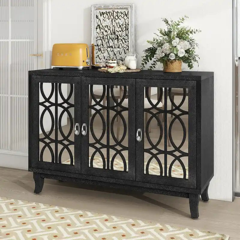 Mirrored Buffet Cabinet with Glass Doors and Silver Handles - 3-Door Sideboard for Living Room, Hallway, and Dining Room 18