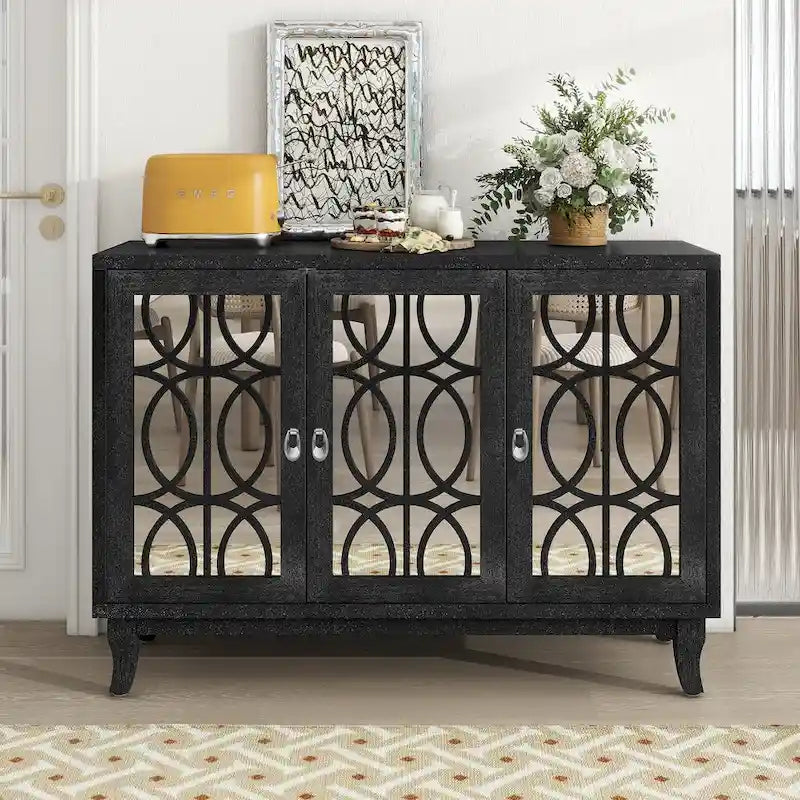 Mirrored Buffet Cabinet with Glass Doors and Silver Handles - 3-Door Sideboard for Living Room, Hallway, and Dining Room 19