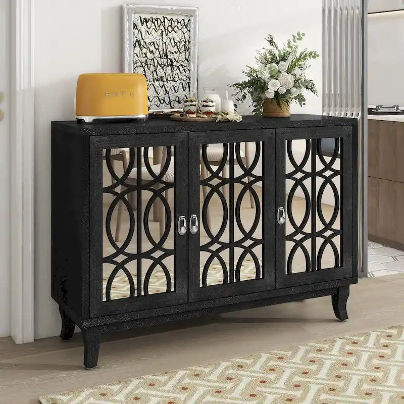 Mirrored Buffet Cabinet with Glass Doors and Silver Handles - 3-Door Sideboard for Living Room, Hallway, and Dining Room 20