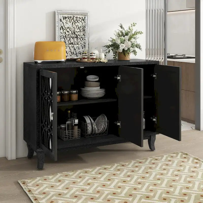 Mirrored Buffet Cabinet with Glass Doors and Silver Handles - 3-Door Sideboard for Living Room, Hallway, and Dining Room 21