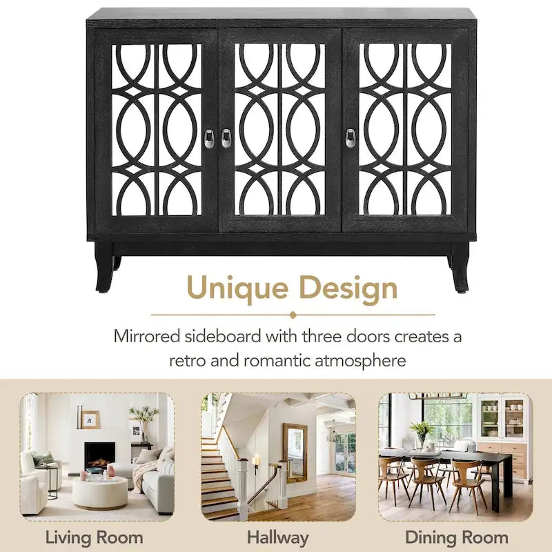 Mirrored Buffet Cabinet with Glass Doors and Silver Handles - 3-Door Sideboard for Living Room, Hallway, and Dining Room 22