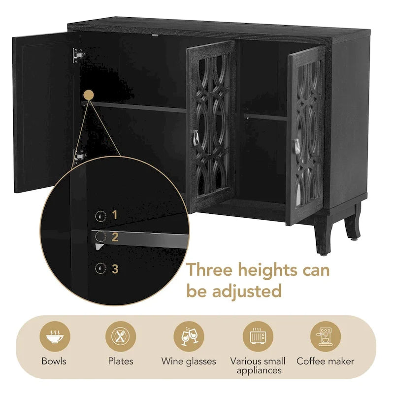 Mirrored Buffet Cabinet with Glass Doors and Silver Handles - 3-Door Sideboard for Living Room, Hallway, and Dining Room 25