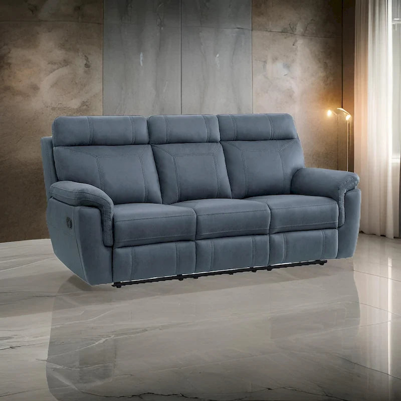 Cliff 85-Inch Blue Microfiber Manual Reclining Sofa with Solid Wood and Metal Frame 1