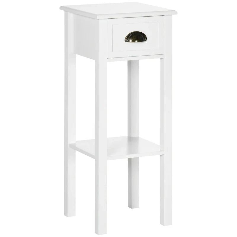 White 2-Tier Narrow Side Table with Drawer and Bottom Shelf for Living Room or Bedroom 1