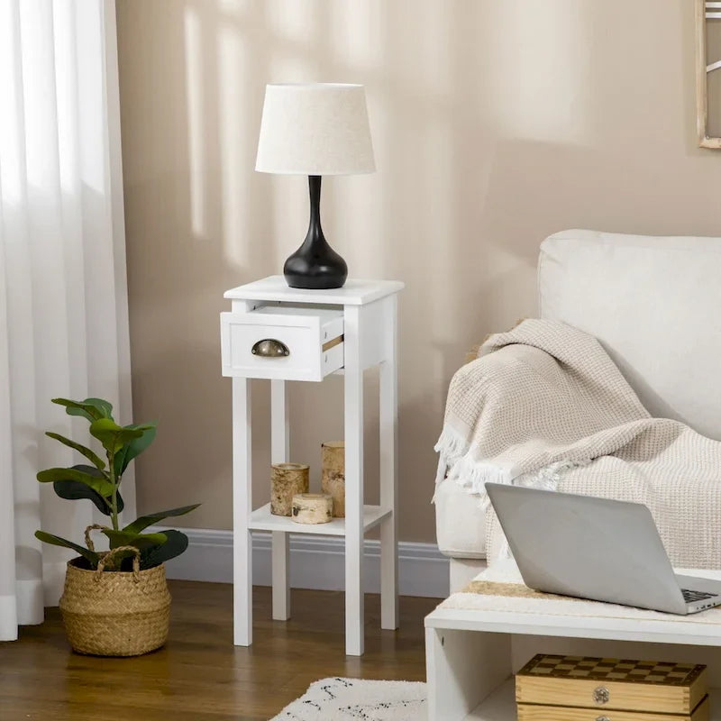 White 2-Tier Narrow Side Table with Drawer and Bottom Shelf for Living Room or Bedroom 2