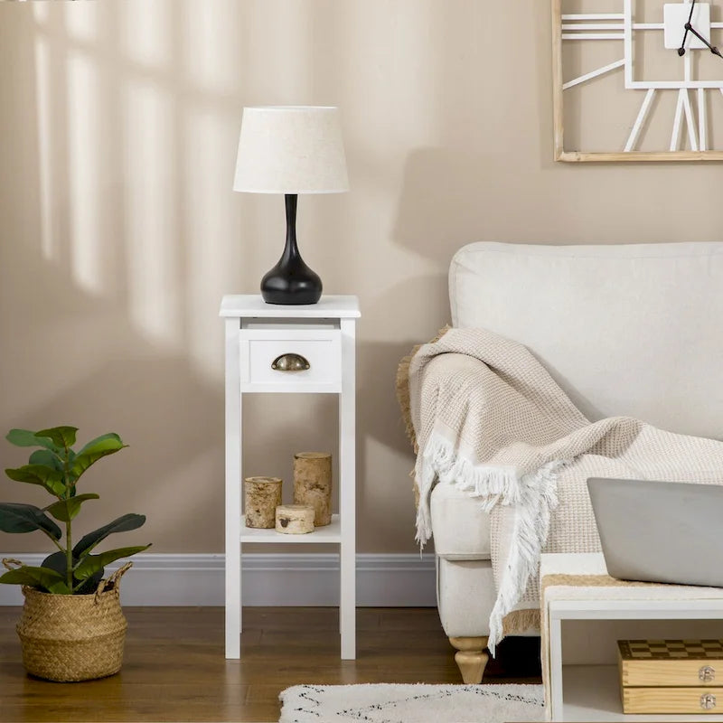 White 2-Tier Narrow Side Table with Drawer and Bottom Shelf for Living Room or Bedroom 3