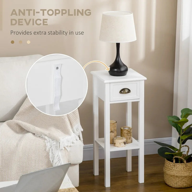 White 2-Tier Narrow Side Table with Drawer and Bottom Shelf for Living Room or Bedroom 4