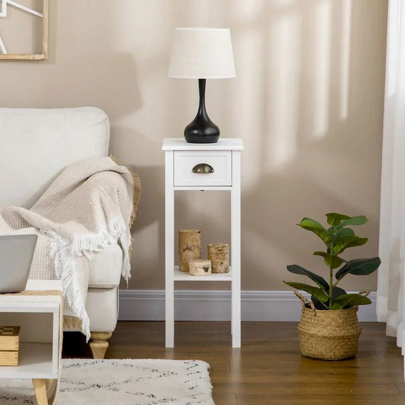 White 2-Tier Narrow Side Table with Drawer and Bottom Shelf for Living Room or Bedroom 8