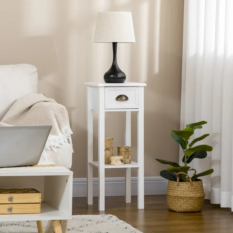 White 2-Tier Narrow Side Table with Drawer and Bottom Shelf for Living Room or Bedroom 9
