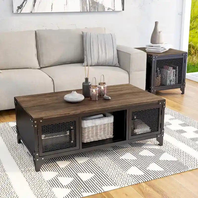 Conner Rustic Dark Walnut Steel 2-Piece Coffee and End Table Set by Furniture of America 1