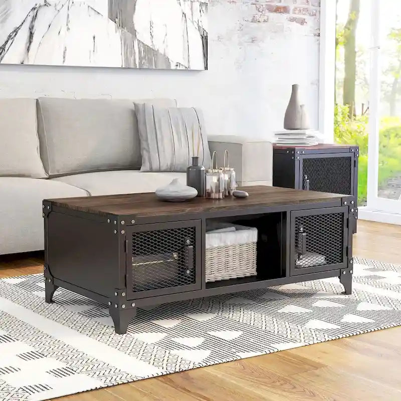 Conner Rustic Dark Walnut Steel 2-Piece Coffee and End Table Set by Furniture of America 3