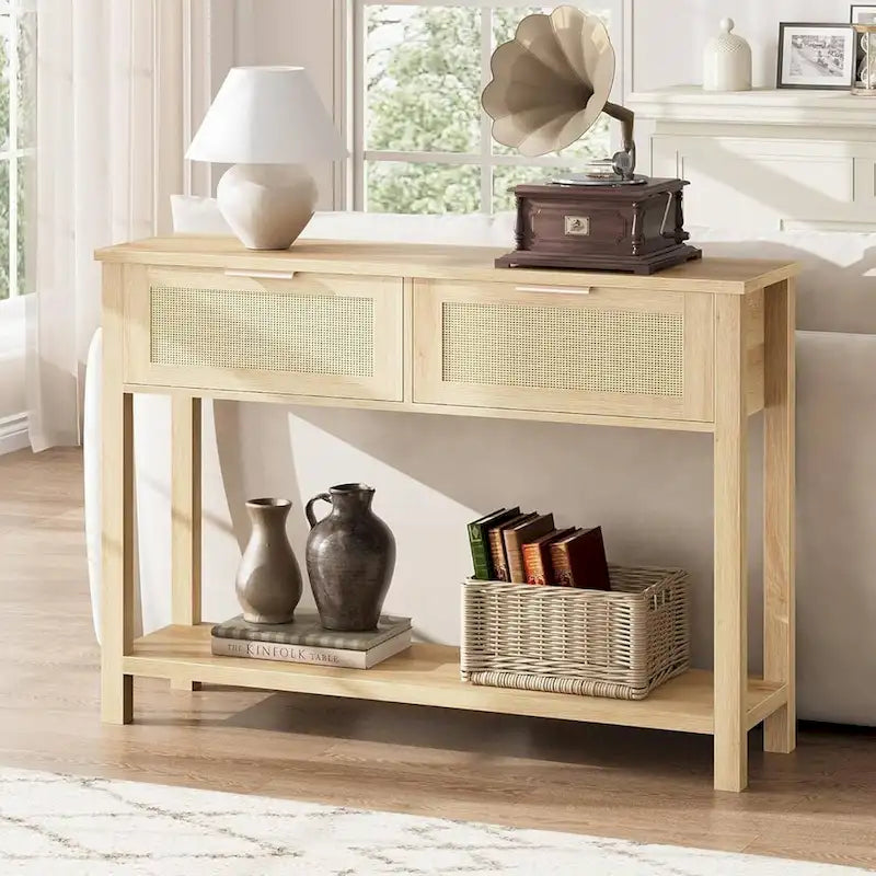 Console Table with 2 Rattan Drawers for Entryway 6