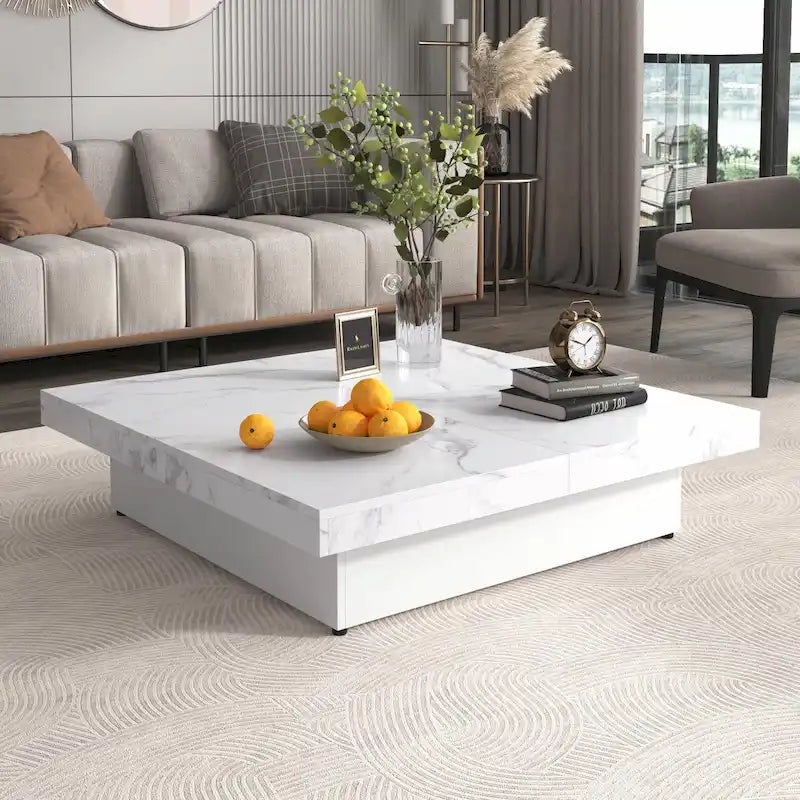 39.4-Inch Square Marble Veneer Coffee Table with Sliding Storage Top 32
