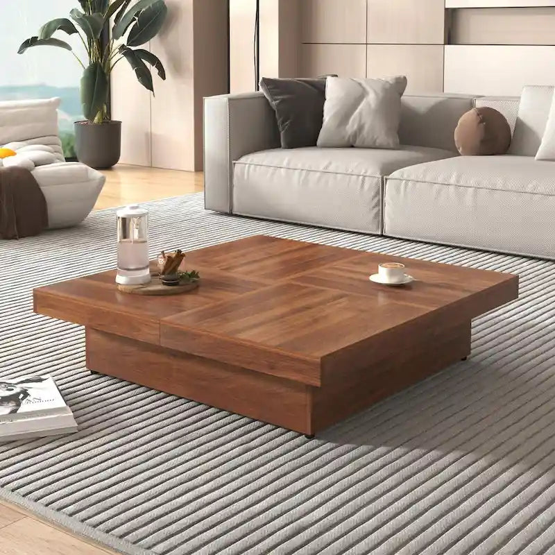 39.4-Inch Square Marble Veneer Coffee Table with Sliding Storage Top 1