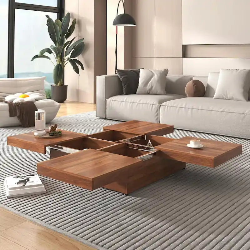 39.4-Inch Square Marble Veneer Coffee Table with Sliding Storage Top 2