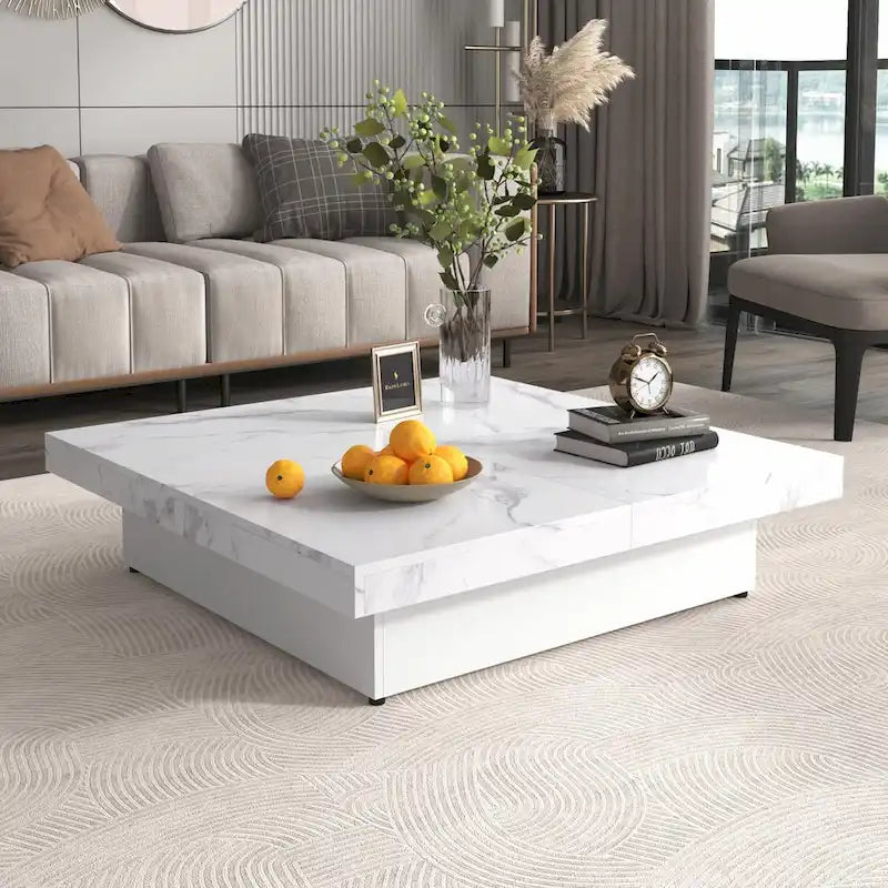 39.4-Inch Square Marble Veneer Coffee Table with Sliding Storage Top 3