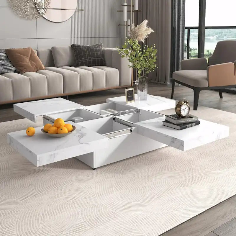 39.4-Inch Square Marble Veneer Coffee Table with Sliding Storage Top 4
