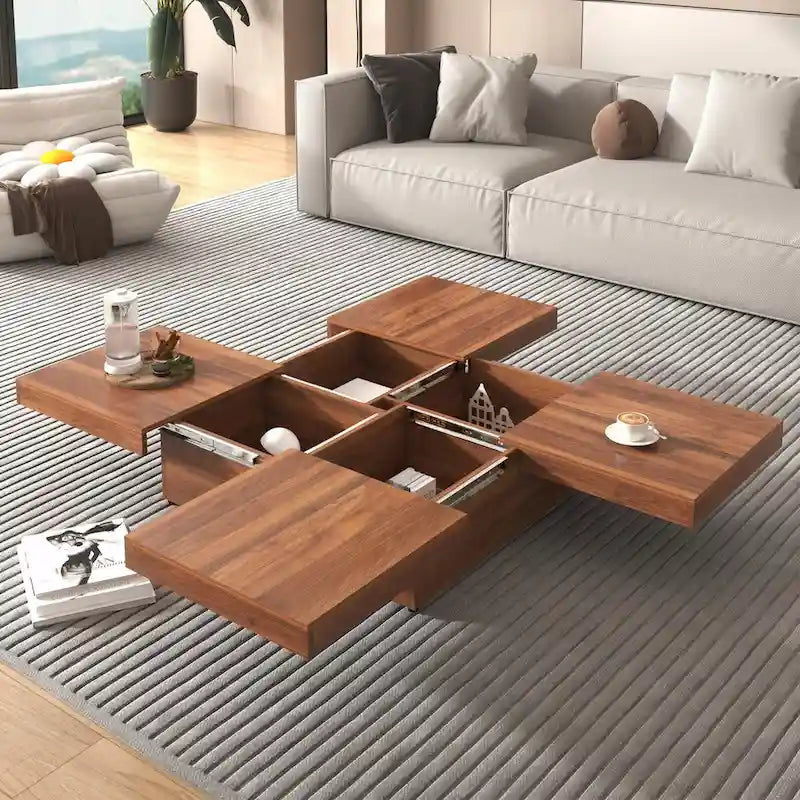 39.4-Inch Square Marble Veneer Coffee Table with Sliding Storage Top 5