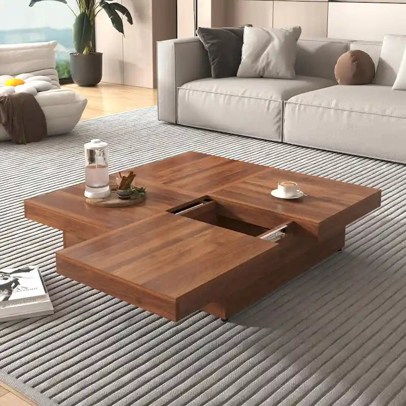 39.4-Inch Square Marble Veneer Coffee Table with Sliding Storage Top 7