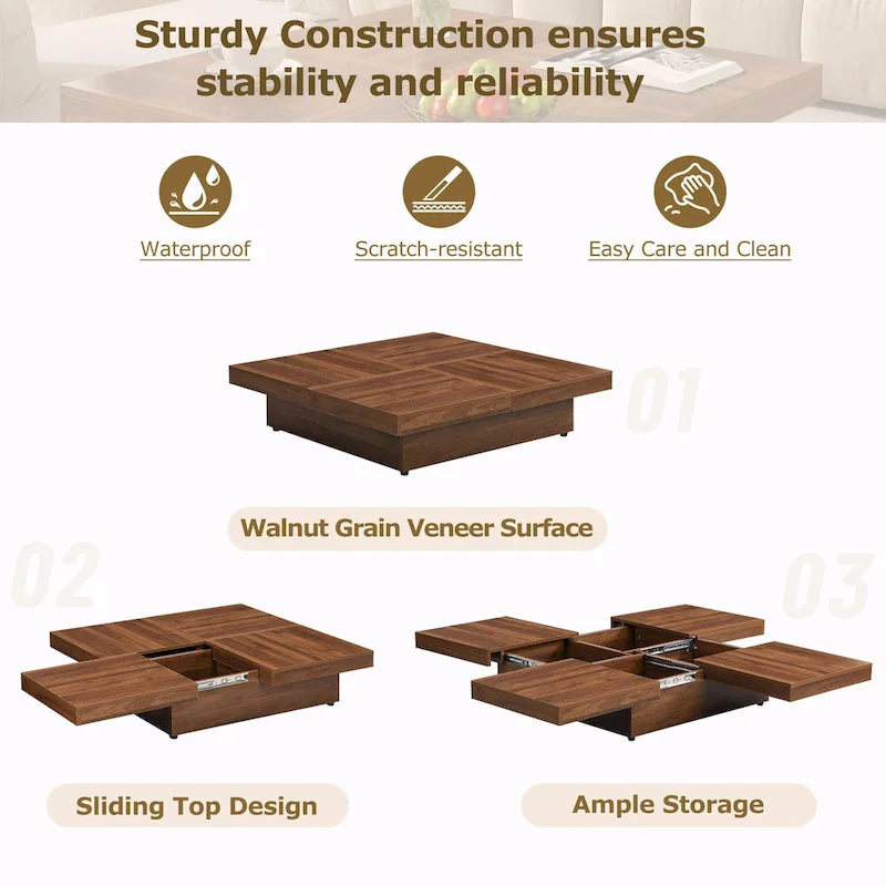 39.4-Inch Square Marble Veneer Coffee Table with Sliding Storage Top 9