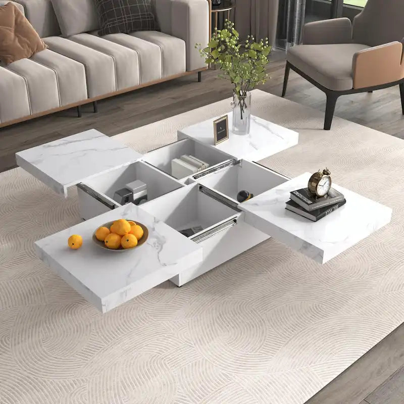 39.4-Inch Square Marble Veneer Coffee Table with Sliding Storage Top 18