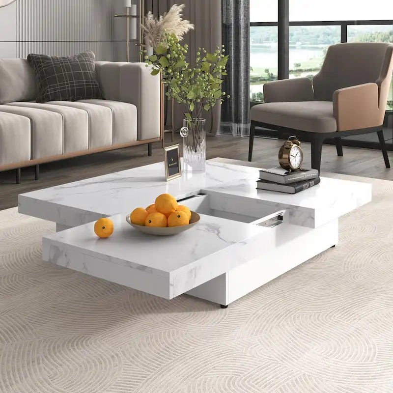 39.4-Inch Square Marble Veneer Coffee Table with Sliding Storage Top 19