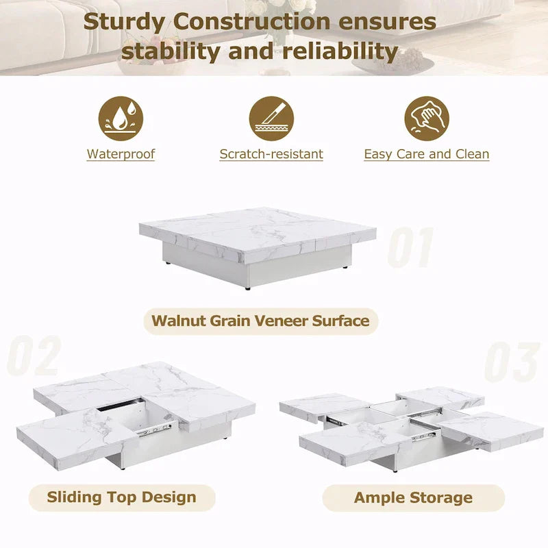 39.4-Inch Square Marble Veneer Coffee Table with Sliding Storage Top 22