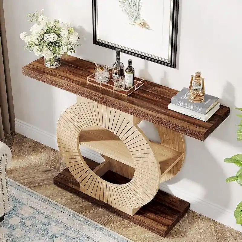 Rustic Wood Console Table with Storage Shelves for Living Room Entryway 6