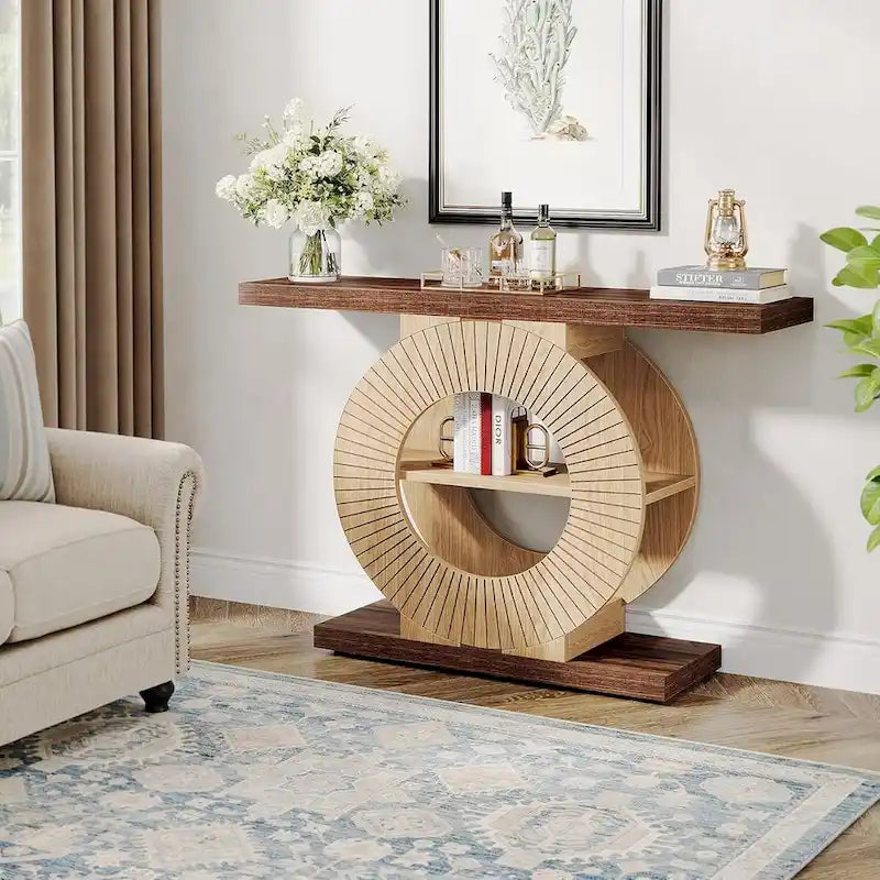 Rustic Wood Console Table with Storage Shelves for Living Room Entryway 2