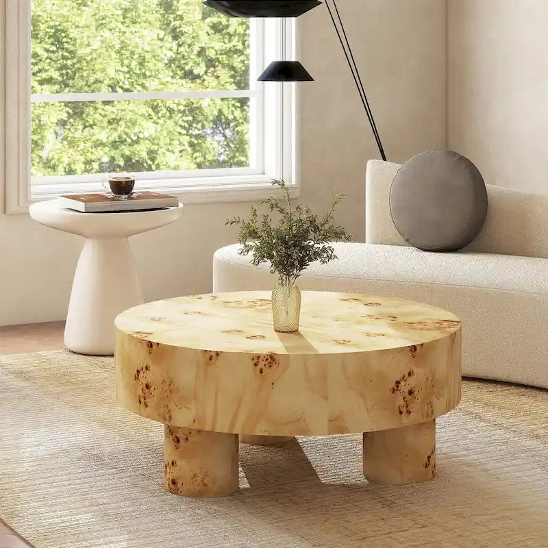 Nebula 35.5-Inch Round Burl Wood Coffee Table with Elegant Pillar Legs 1
