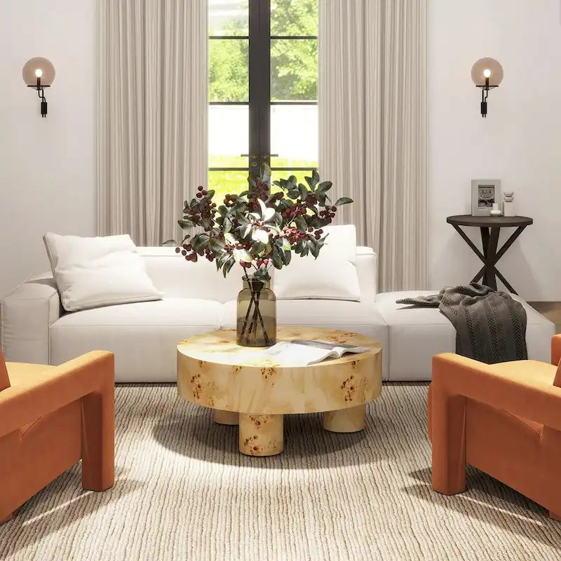 Nebula 35.5-Inch Round Burl Wood Coffee Table with Elegant Pillar Legs 2