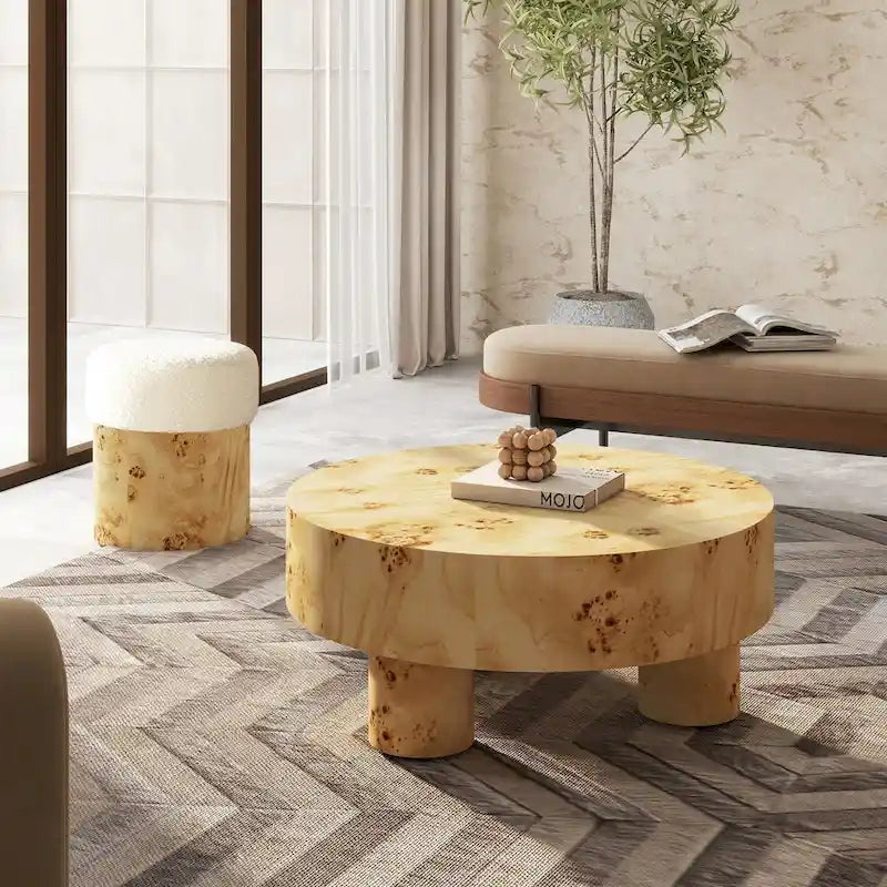 Nebula 35.5-Inch Round Burl Wood Coffee Table with Elegant Pillar Legs 4