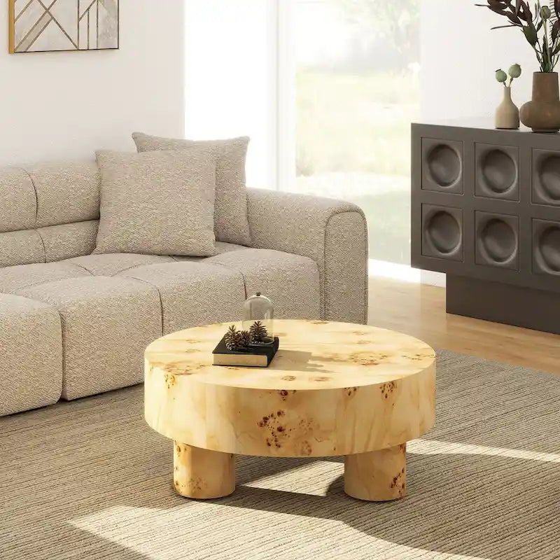 Nebula 35.5-Inch Round Burl Wood Coffee Table with Elegant Pillar Legs 5