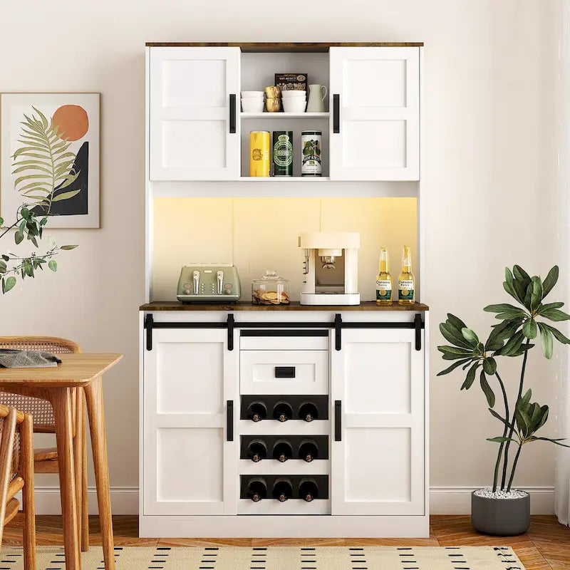 Rustic White Farmhouse Bar Cabinet with Sliding Barn Door - Spacious Kitchen Buffet and Coffee Bar Sideboard Table 1