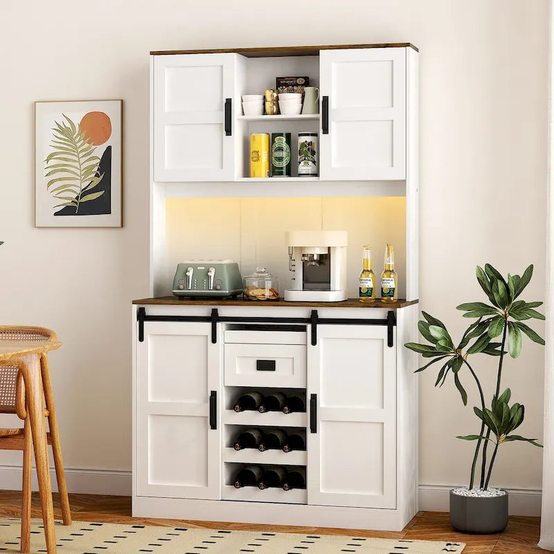 Rustic White Farmhouse Bar Cabinet with Sliding Barn Door - Spacious Kitchen Buffet and Coffee Bar Sideboard Table 3