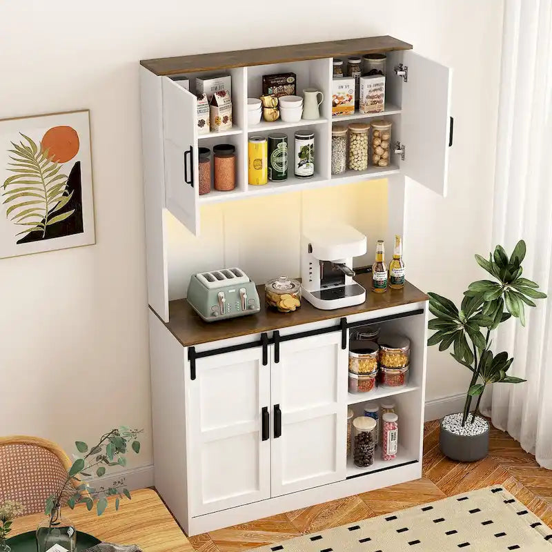 Rustic White Farmhouse Bar Cabinet with Sliding Barn Door - Spacious Kitchen Buffet and Coffee Bar Sideboard Table 4