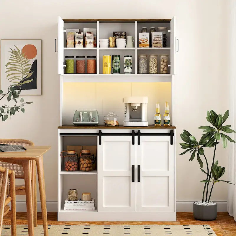 Rustic White Farmhouse Bar Cabinet with Sliding Barn Door - Spacious Kitchen Buffet and Coffee Bar Sideboard Table 5