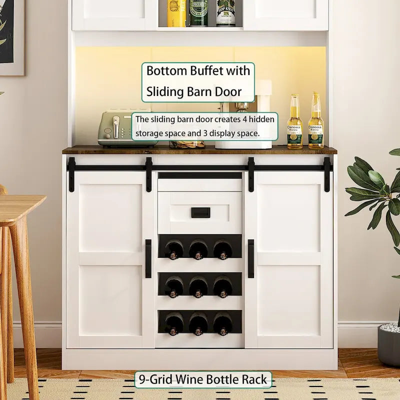 Rustic White Farmhouse Bar Cabinet with Sliding Barn Door - Spacious Kitchen Buffet and Coffee Bar Sideboard Table 6