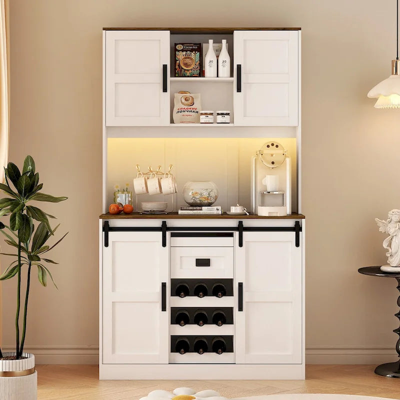 Rustic White Farmhouse Bar Cabinet with Sliding Barn Door - Spacious Kitchen Buffet and Coffee Bar Sideboard Table 7