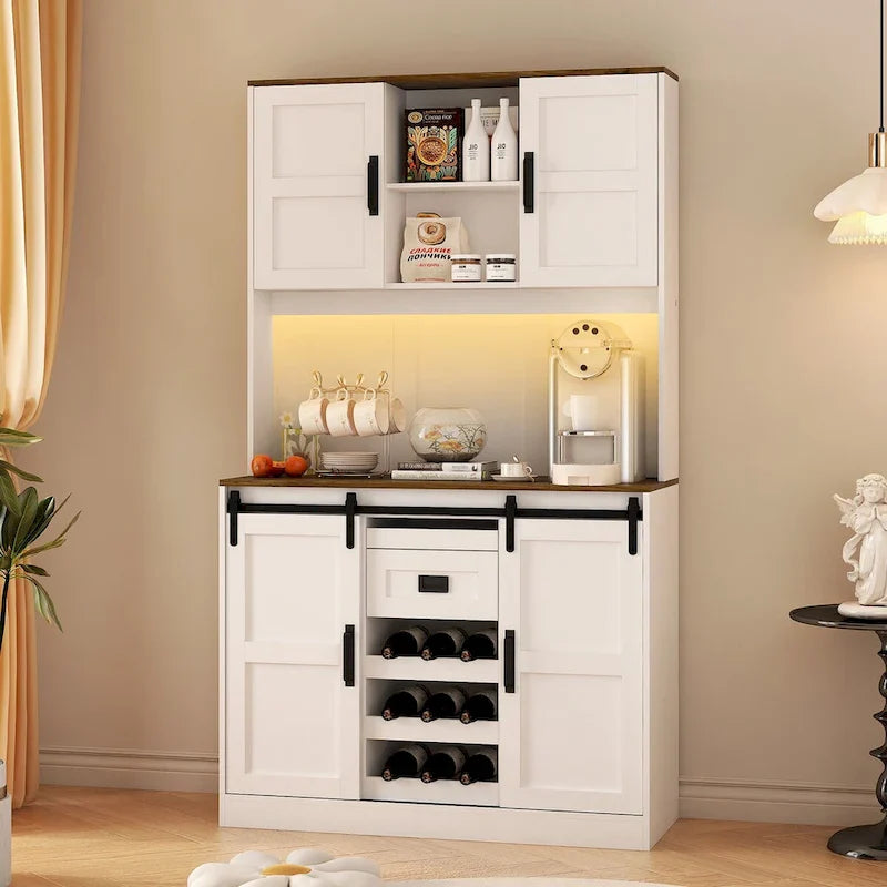Rustic White Farmhouse Bar Cabinet with Sliding Barn Door - Spacious Kitchen Buffet and Coffee Bar Sideboard Table 8