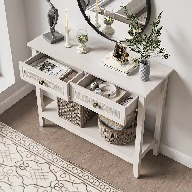 Bohemian Natural Rattan Console Table with Expanded Top and Dual Drawers 18
