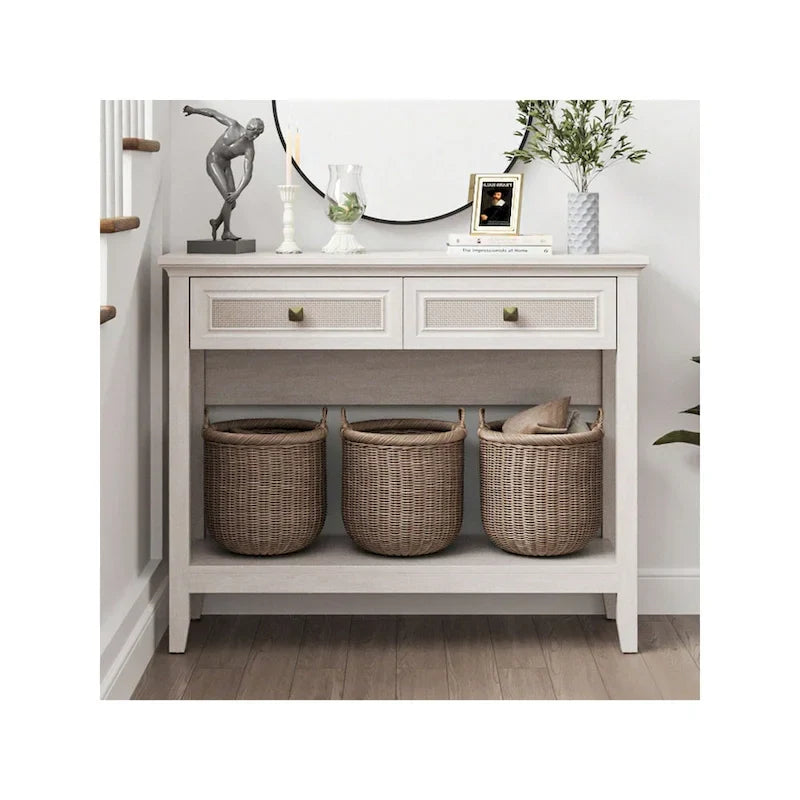 Bohemian Natural Rattan Console Table with Expanded Top and Dual Drawers 3