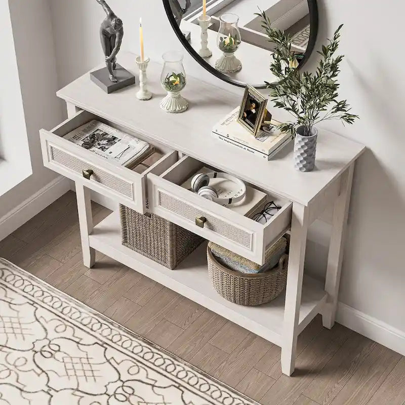 Bohemian Natural Rattan Console Table with Expanded Top and Dual Drawers 4