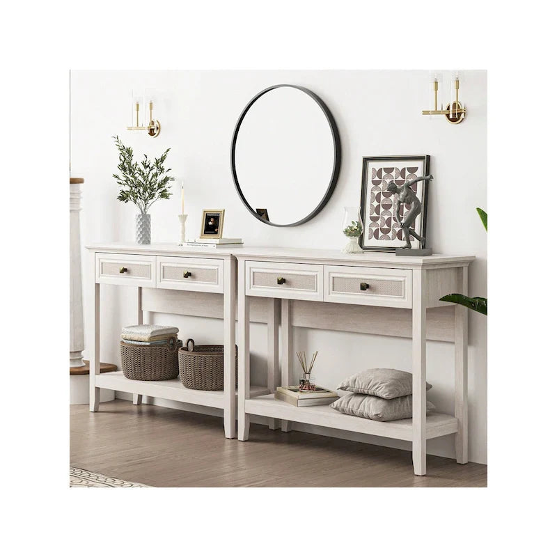 Bohemian Natural Rattan Console Table with Expanded Top and Dual Drawers 5