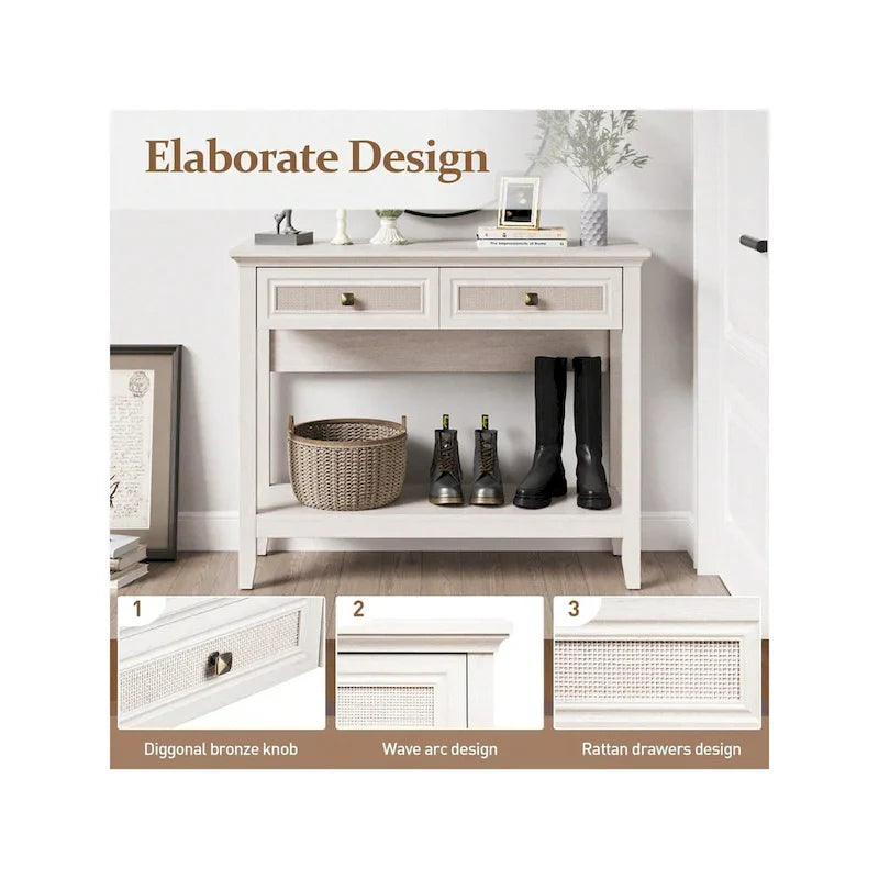 Bohemian Natural Rattan Console Table with Expanded Top and Dual Drawers 6