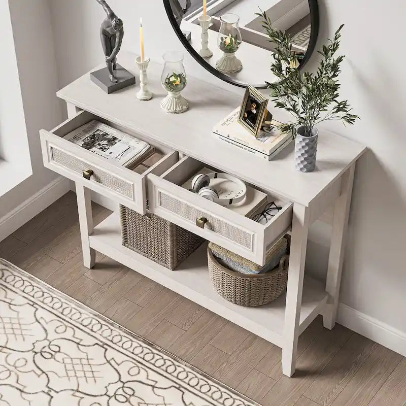 Bohemian Natural Rattan Console Table with Expanded Top and Dual Drawers 11
